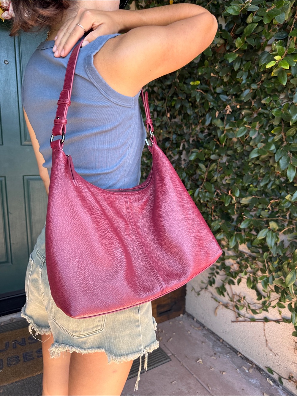 Leather Shoulder Hobo Bag in Berry - Unbranded